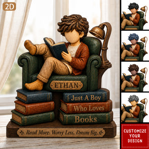 Personalized Boy Reading Wooden Plaque, Reading Room Decor Gift