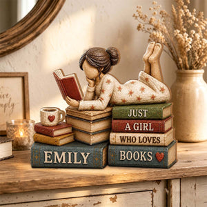 Just A Girl Who Loves Books, Personalized Girl Reading Books Wooden Block