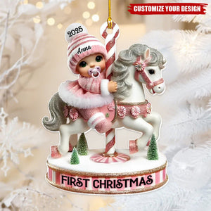 Baby's First Christmas Cute Baby On Carousel Horse Personalized Acrylic Ornament, New Parents Keepsake