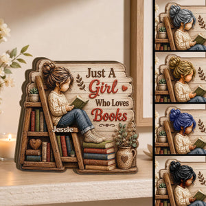 Just A Girl Who Loves Books Wooden Plaque, Reading Girl Bookshelf Decor