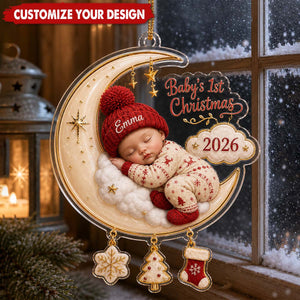 Personalized Baby’s First Christmas Moon Acrylic Ornament, Newborn Keepsake Gift