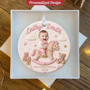 Personalized Baby's First Christmas Photo Ornament, Cute Baby On Rocking Horse