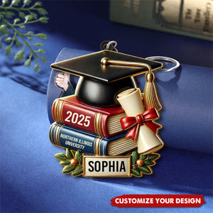 Personalized Graduation Cap, Books and Diploma Keychain, Gift for Graduates