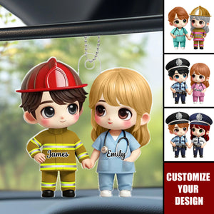3D Effect Cute Cartoon Couple Gift by Occupation - Personalized Acrylic Car Hanger