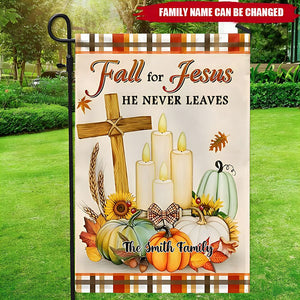 Fall For Jesus He Never Leaves - Personalized Christ Cross Pumpkins Flag