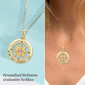 Personalized Compass Birthstone Necklace, Graduation Gift