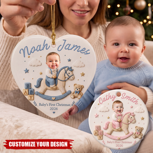 Personalized Baby's First Christmas Photo Ornament, Cute Baby On Rocking Horse