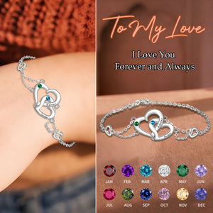 Personalized Two Joined Hearts Engraved Name Birthstone Couple Bracelet