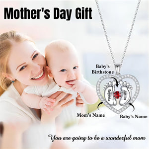 Personalized Baby Footprints Name Birthstone Necklace - Mother's Day Gift