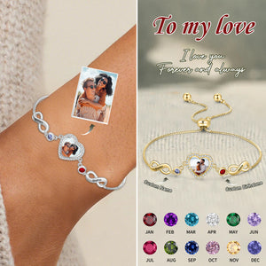 Personalized Custom Photo Name and Birthstone Couple Bracelet