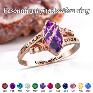 Personalized Graduation Birthstone Ring with Engraved Text Graduation Gift
