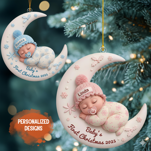 Personalized Baby First Christmas Ornament, Custom Moon Ornament