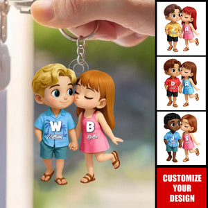 Cute Cartoon Couple Summer Vibe - Personalized Custom Shaped Acrylic Keychain