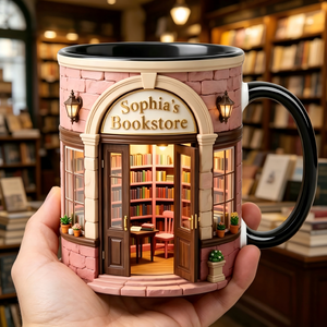 Personalized Bookstore Accent Mug, Vintage Bookshelf Library Pottery Coffee Cup