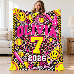 Personalized Softball Girl Blanket, Custom Name & Player Number Gift