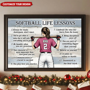 Softball Life Lessons Canvas & Poster, Personalized Softball Girl Gift