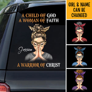 Woman Warrior Praying, A Child Of God A Woman Of Faith A Warrior Of Christ Personalized Sticker