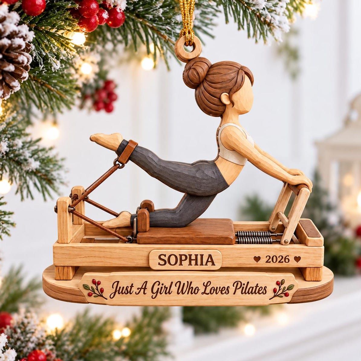 Personalized Pilates Wooden Ornament, Custom Name Pilates Reformer Christmas Ornament