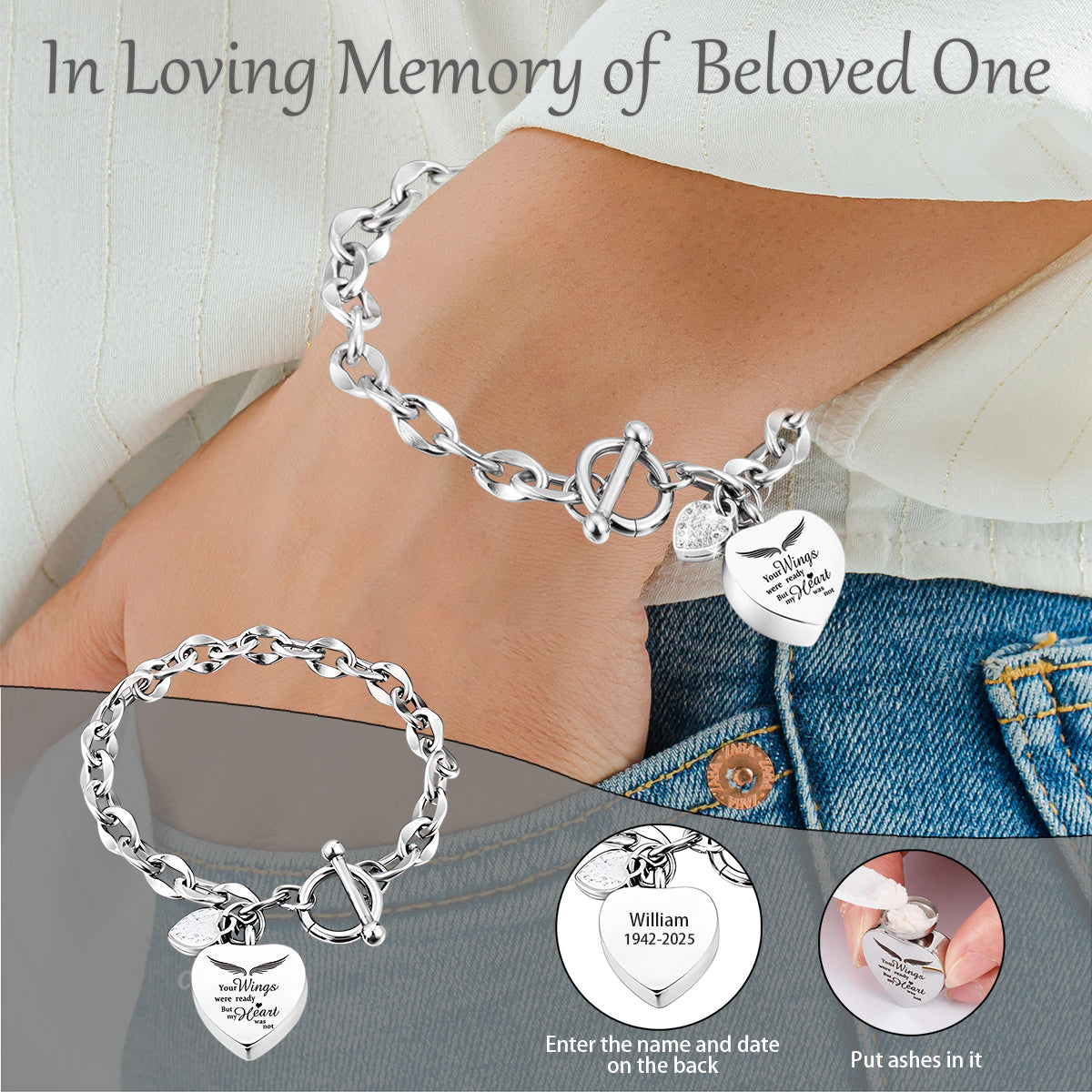 Personalized Name Date Memorial Heart Urn Bracelet
