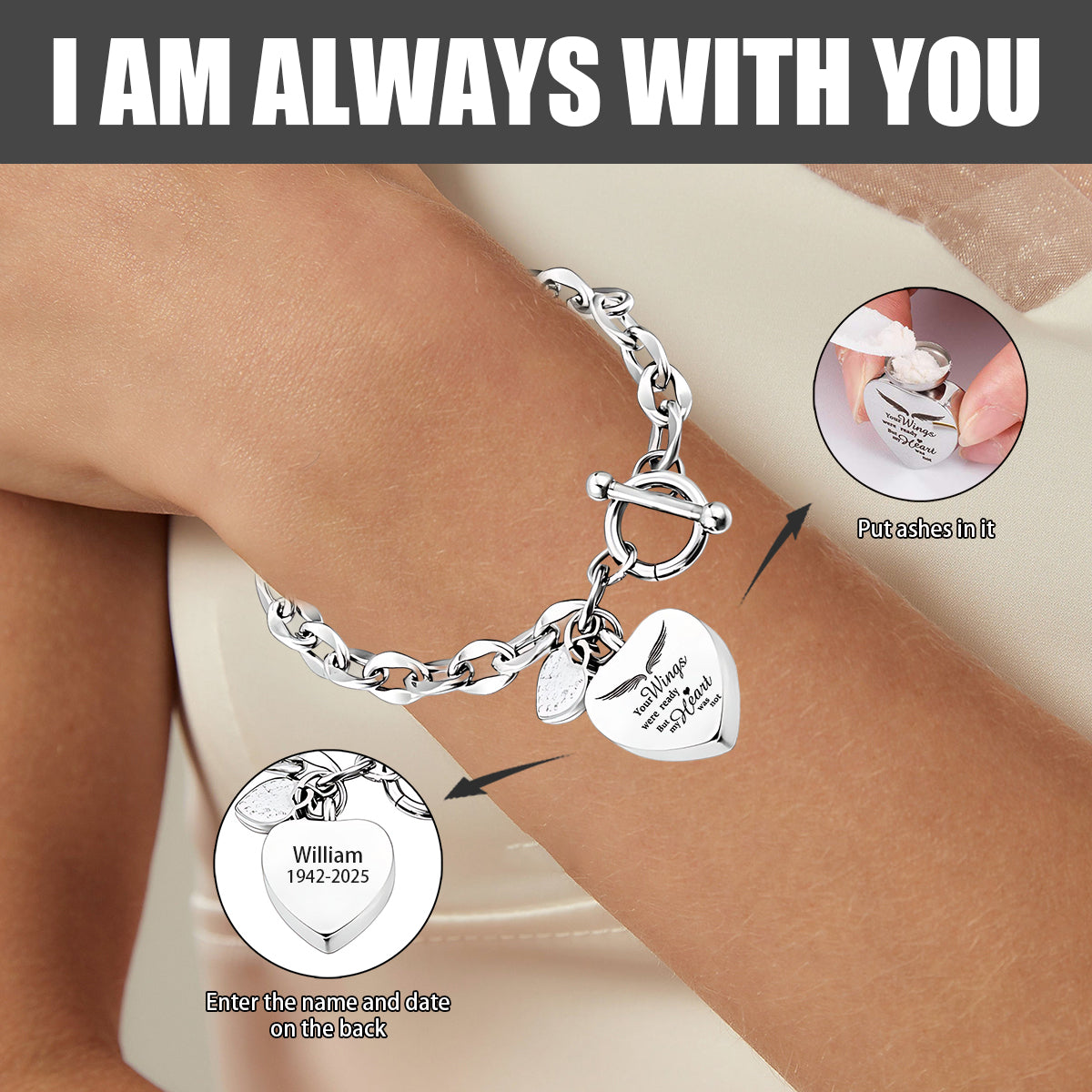 Personalized Name Date Memorial Heart Urn Bracelet