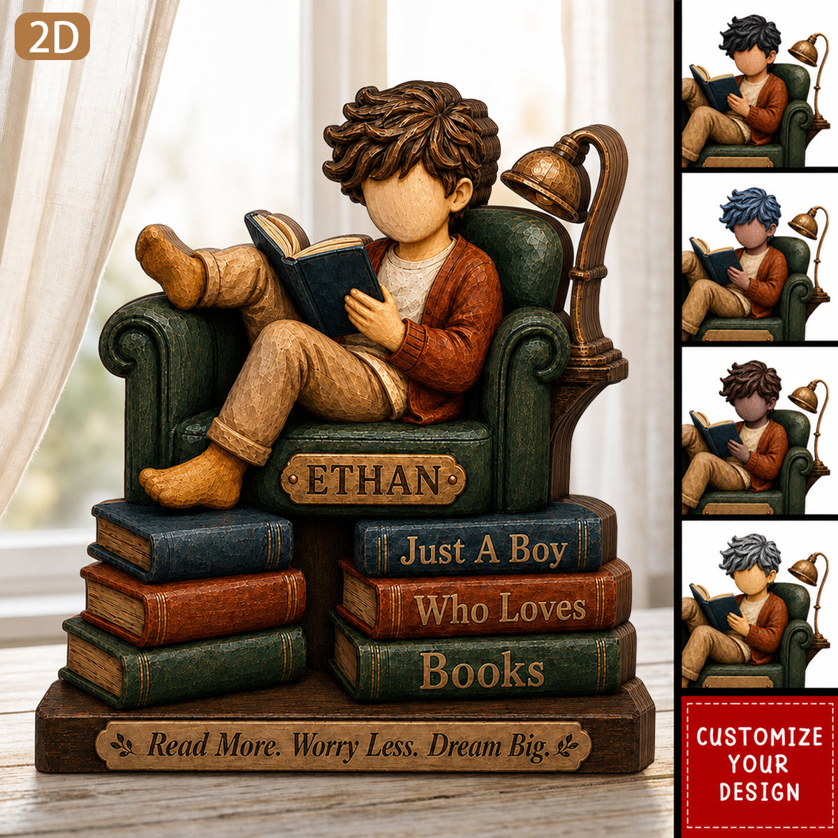 Personalized Boy Reading Wooden Plaque, Reading Room Decor Gift