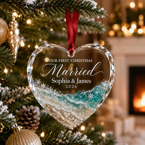 First Christmas Married Glass Heart Ornament, Personalized Beach Wedding Ornament