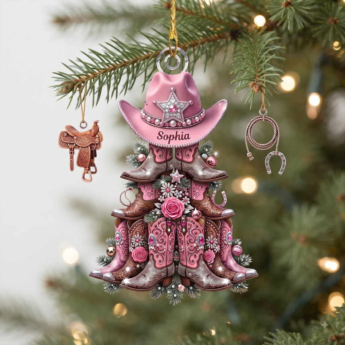 Shimmering Cowgirl Boots Christmas Tree Ornament, Personalize Christmas Gifts