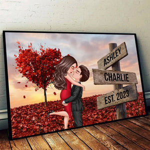 Personalized Couple Hugging Kissing Sign Post Poster, Heartfelt Gift For Couple