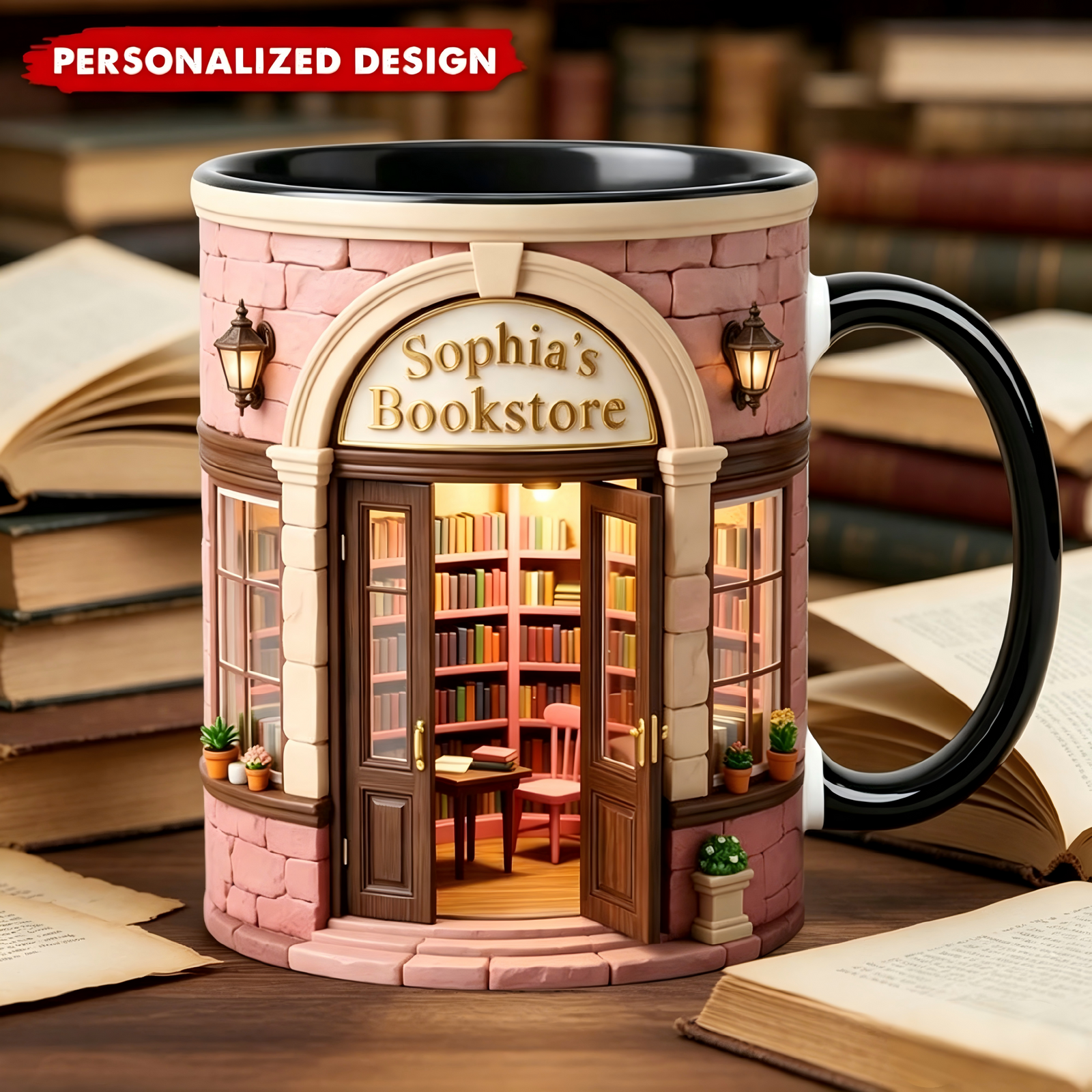 Personalized Bookstore Accent Mug, Vintage Bookshelf Library Pottery Coffee Cup
