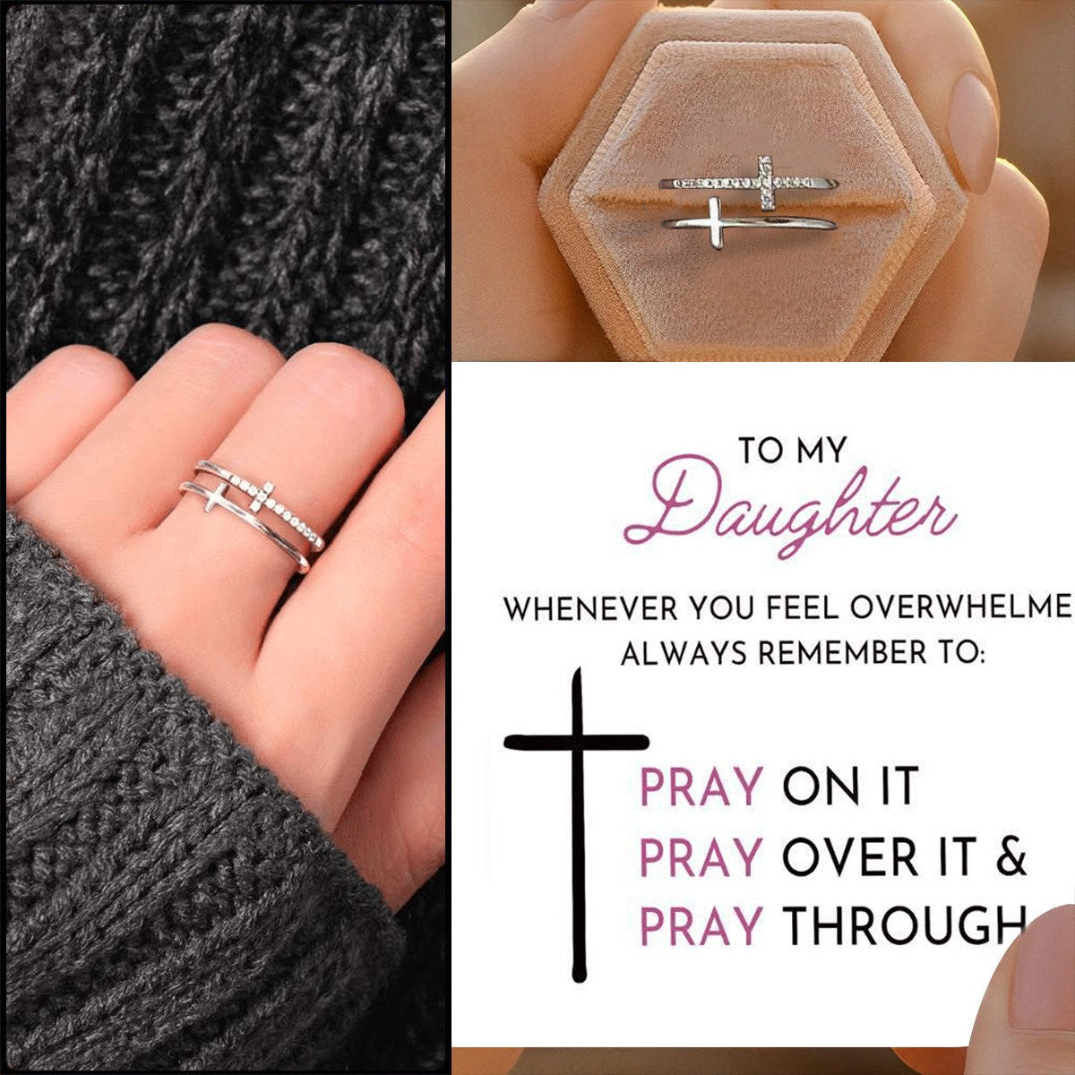 KISSFAITH-To My Daughter,Sterling Silver Double Cross Adjustable Ring