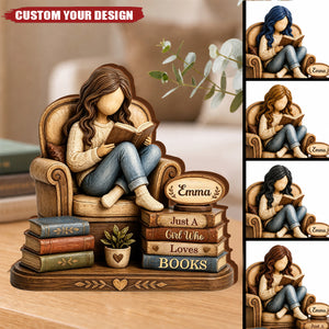 Custom Girl Reading Wooden Plaque, Vintage Book Lover Gift