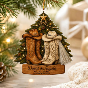 Personalized First Christmas Married Ornament, Cowboy Boots Western Couple Ornament