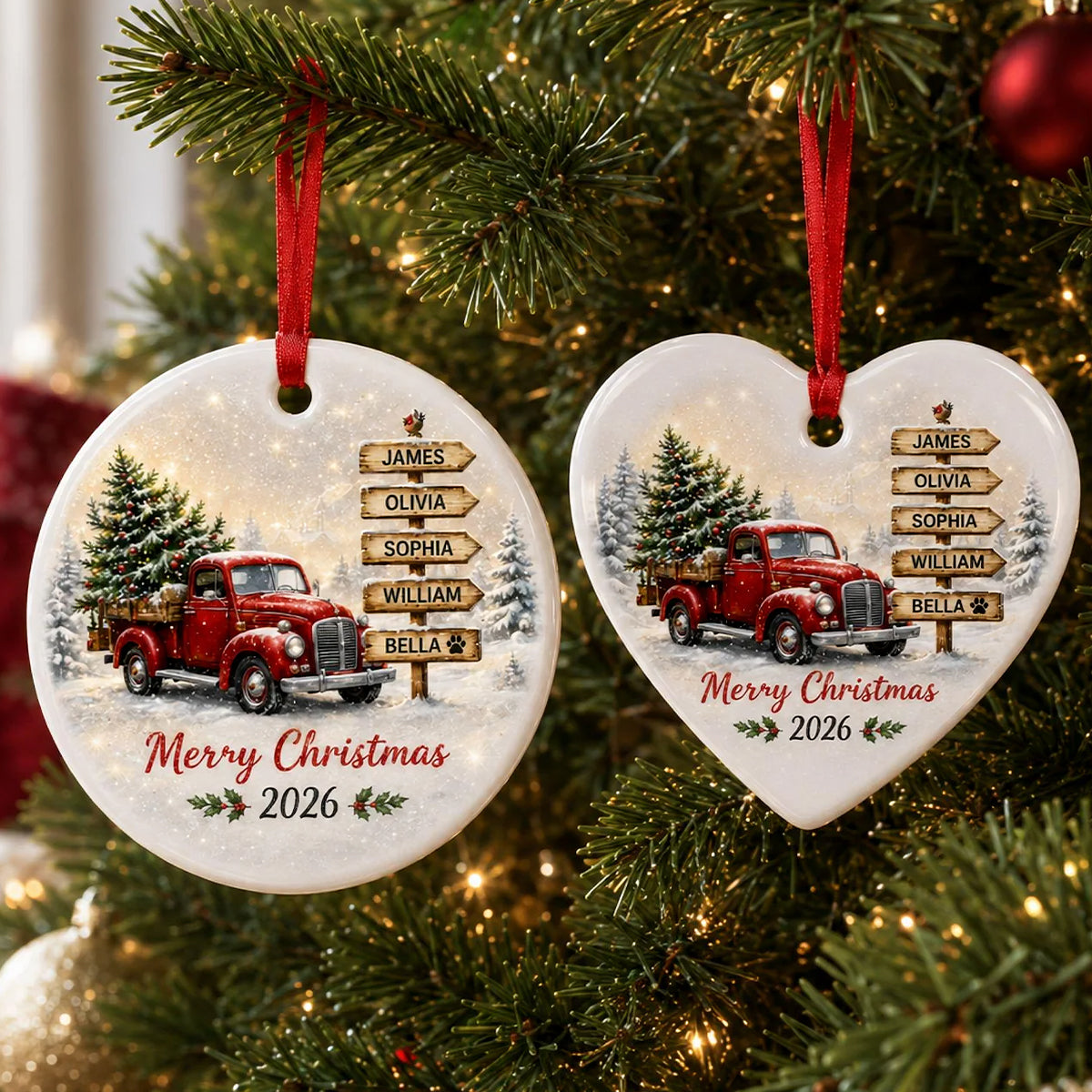 Personalized Red Truck Family Christmas Ornament, Custom Names Gift