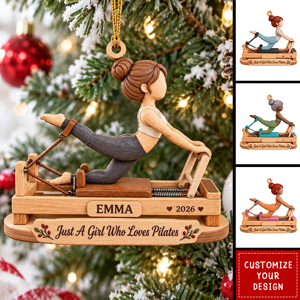 Personalized Pilates Wooden Ornament, Custom Name Pilates Reformer Christmas Ornament