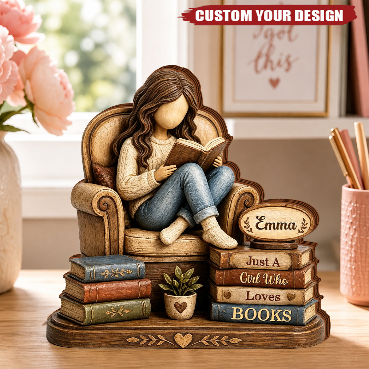 Custom Girl Reading Wooden Plaque, Vintage Book Lover Gift