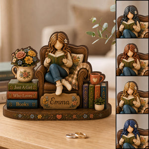 Just A Girl Who Loves Books Wooden Block, Personalized Girl Reading Book Plaque