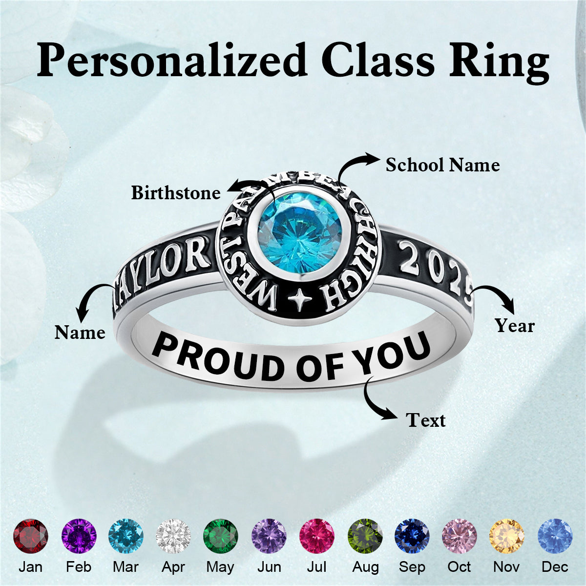 High School College University Personalized Engraved Birthstone Class Ring
