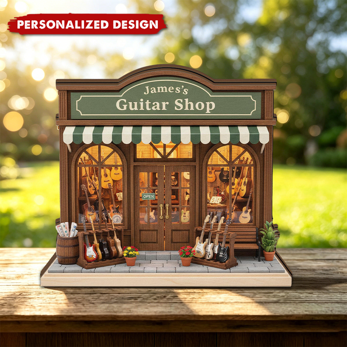Personalized Guitar Shop Wooden Block, Custom Name Music Lover Gift