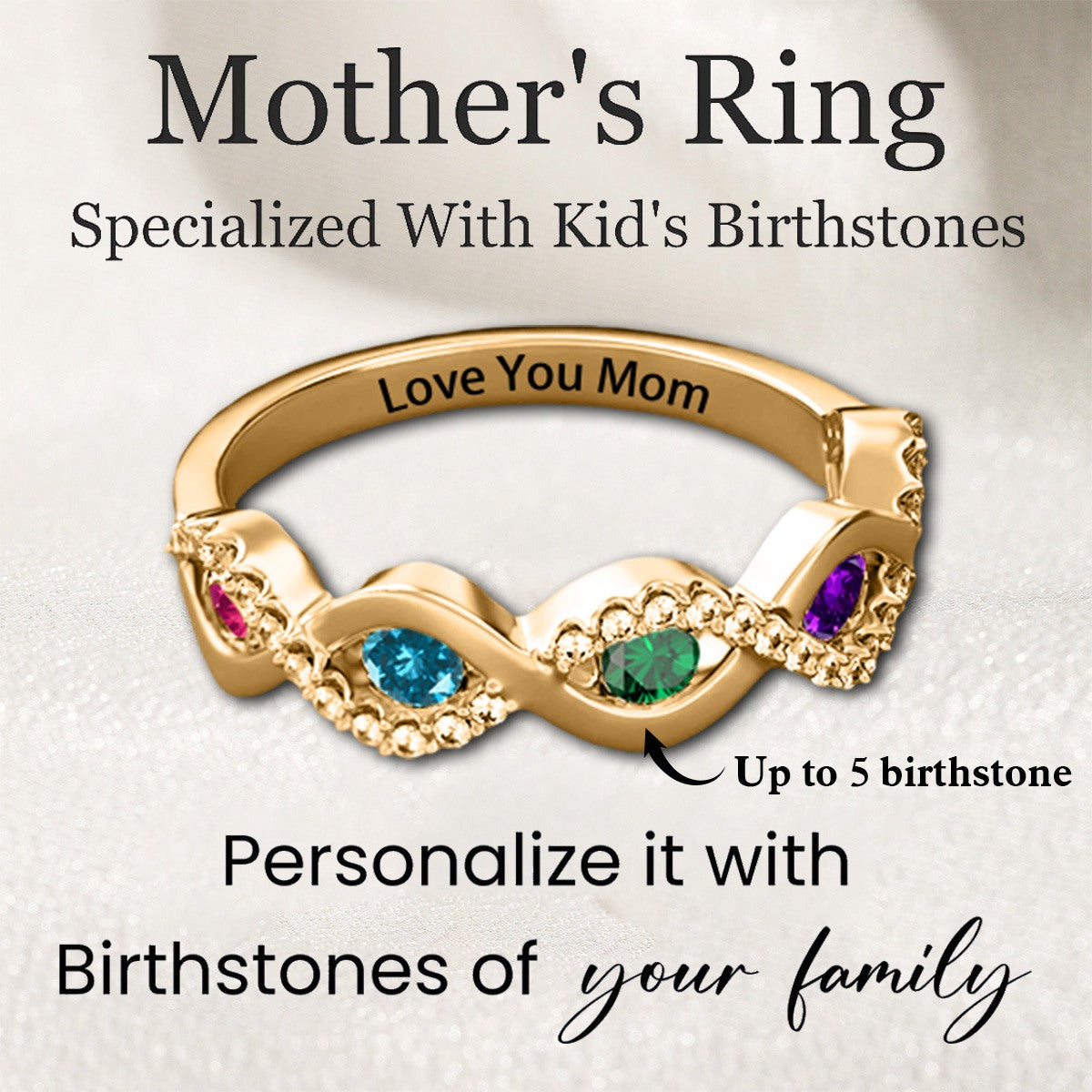 Personalized Grandma Mom Family 1-5 Birthstones Silver Ring - Gift For Christmas