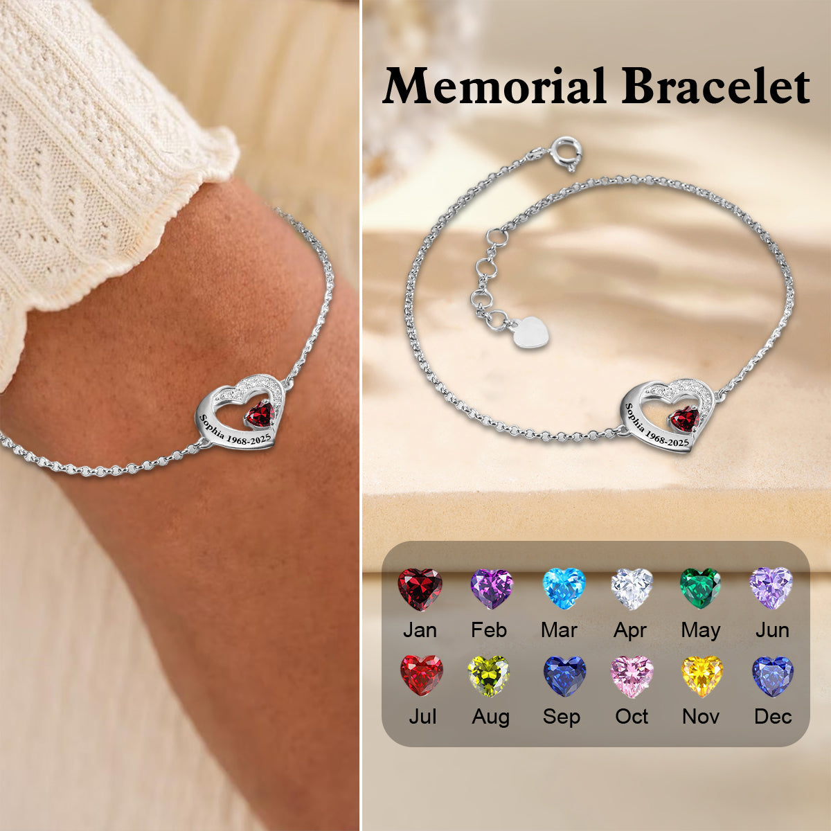 Personalized Memorial Heart Birthstone Memorial Bracelet