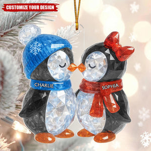 Christmas Penguins Couple Crystal Personalized Acrylic Ornament