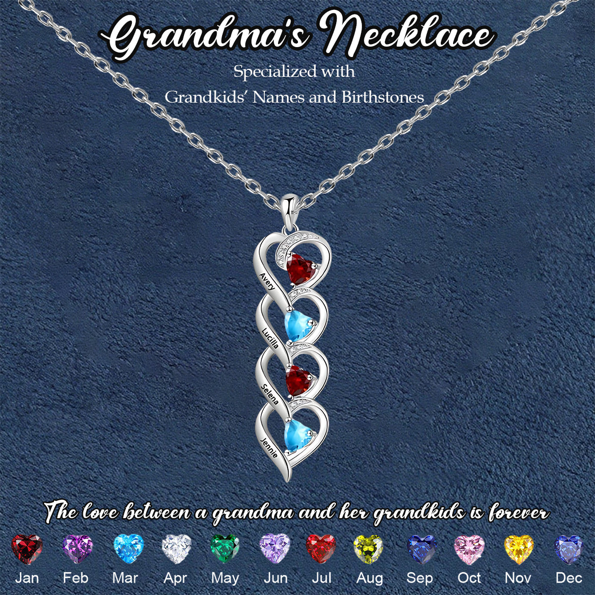 Personalized Heart Name Birthstone Necklace-Gift For Mom Grandma