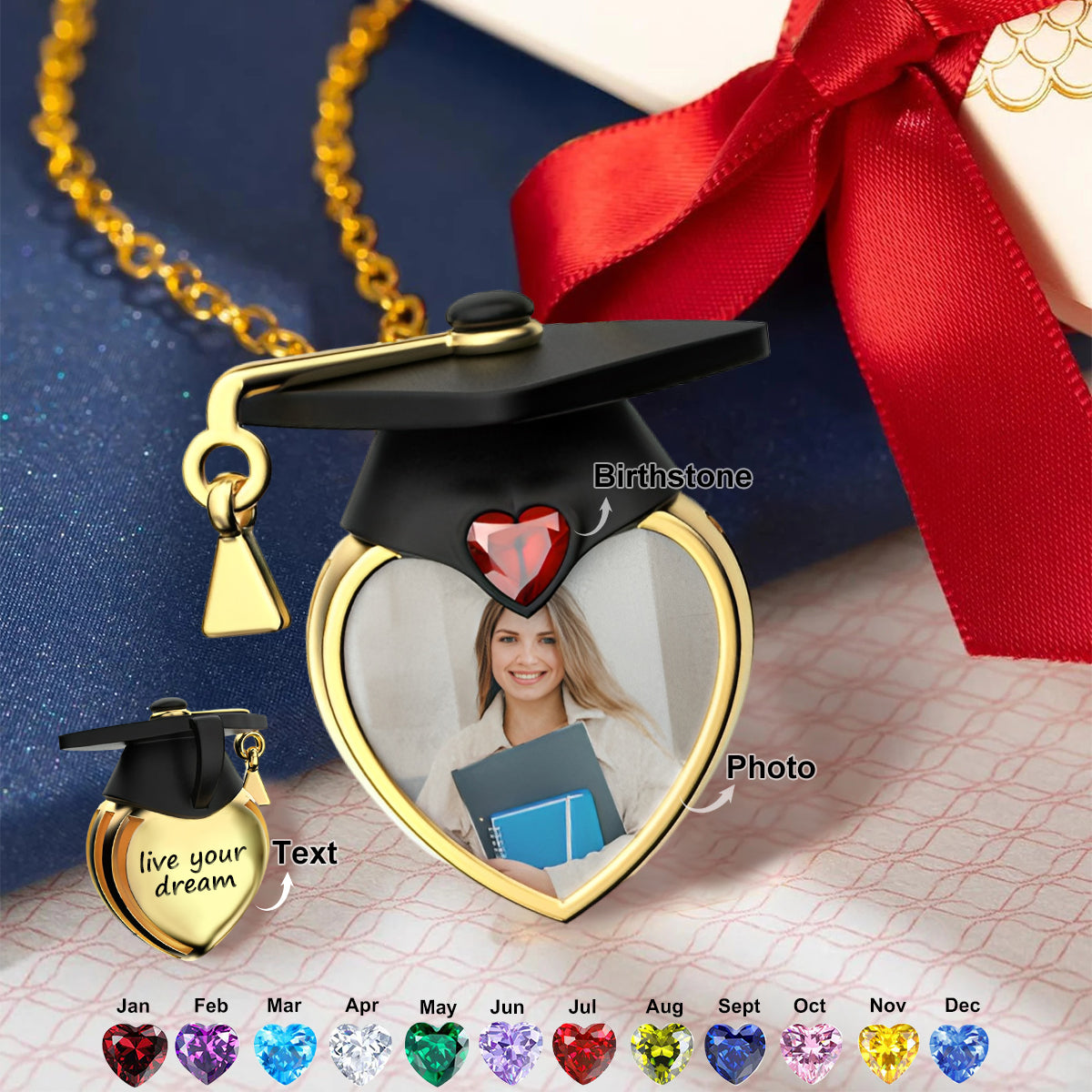Upload photo -Personalized Graduation Cap Birthstone Necklace Graduation Gift