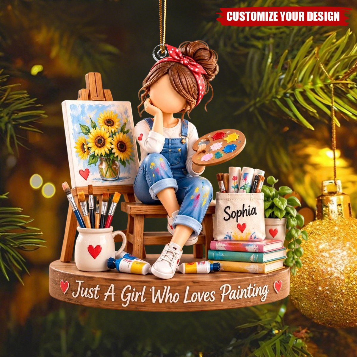 Personalized Painting Girl Ornament, Custom Artist Gift for Daughter, Painter Christmas Gift