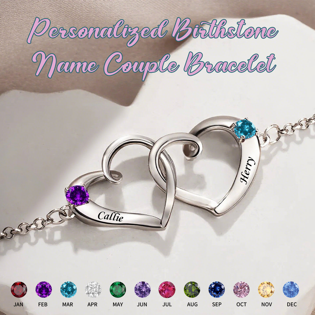 Personalized Heart-Shaped Name Birthstone Couple Bracelet