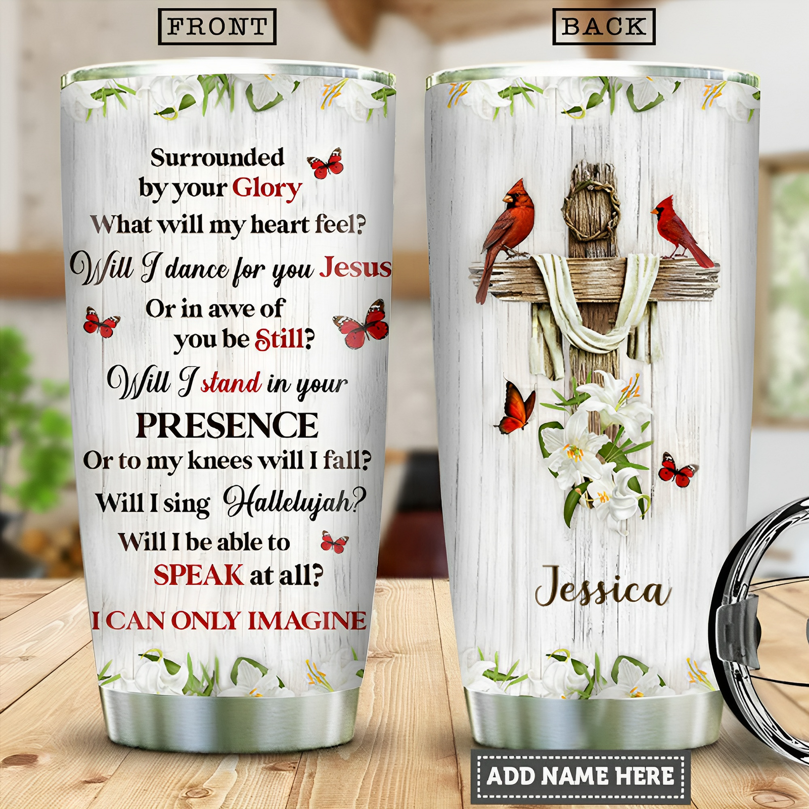 Pretty Personalized Floral Cross Stainless Steel Tumbler