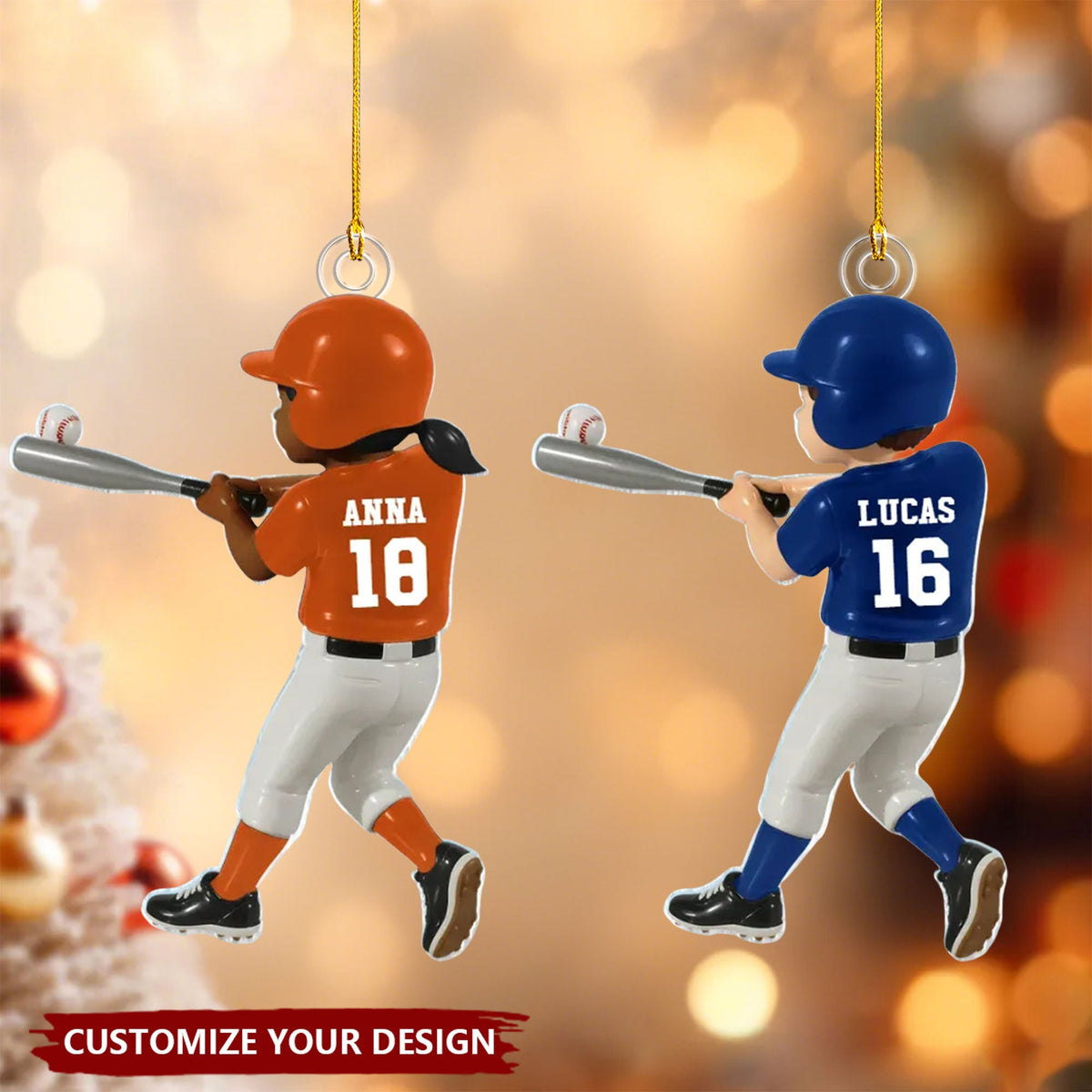 Personalized Baseball Player Ornament – Kid Hitting Ball, 3D Effect Acrylic Flat Ornament