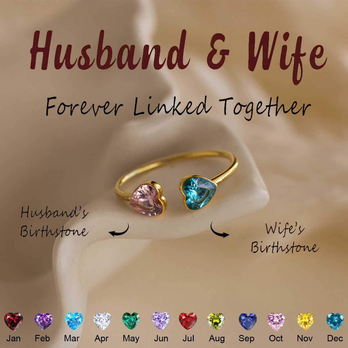 Personalized Couple Promise Heart Double Heart Birthstones Ring