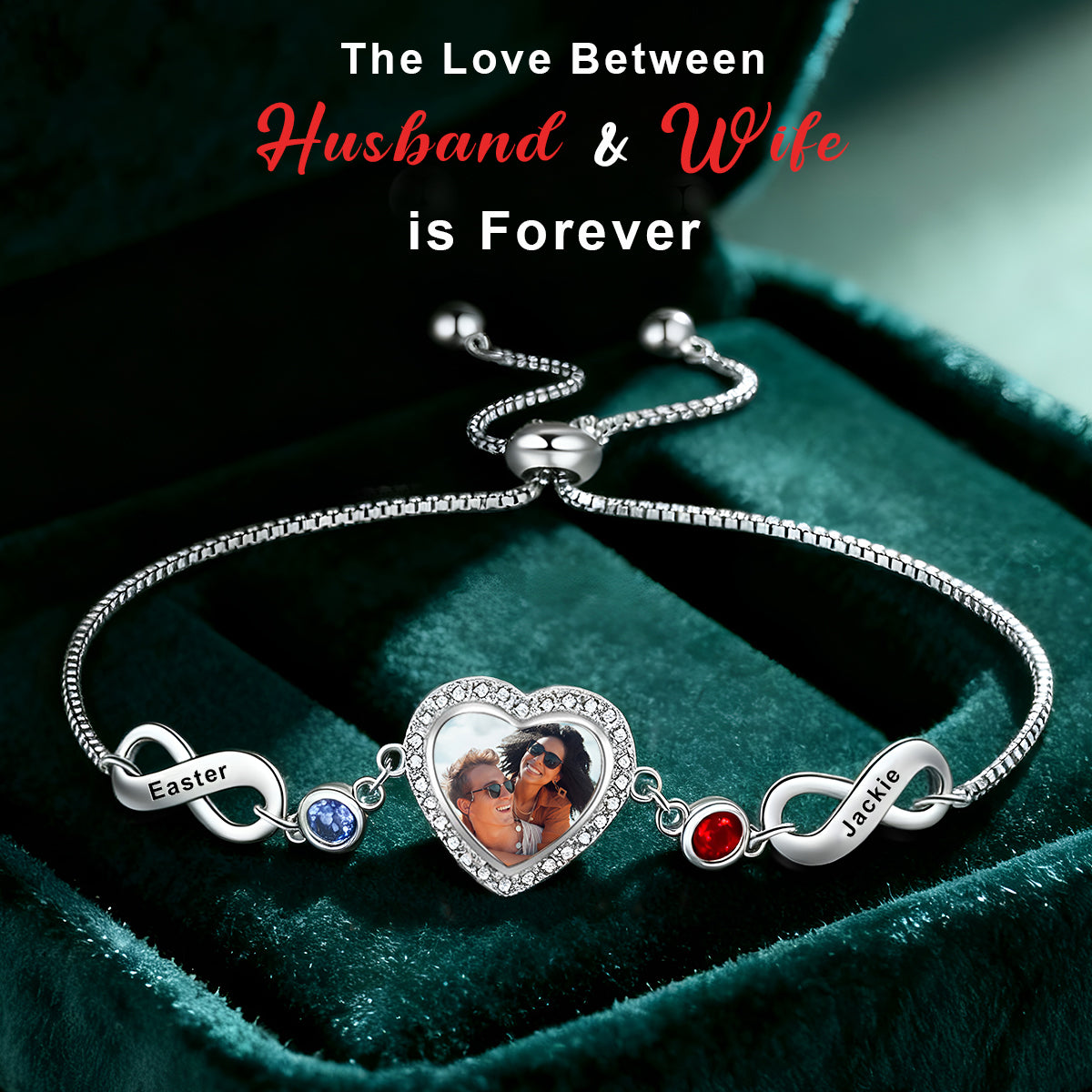 Personalized Custom Photo Name and Birthstone Couple Bracelet