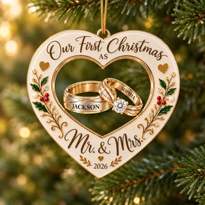 Personalized Couple Heart Ornament, Our First Christmas As Mr. And Mrs.